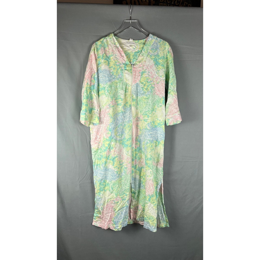 Miss Elaine Duster Robe Womens Large Multi Tropical Floral Zip Front Side Slit